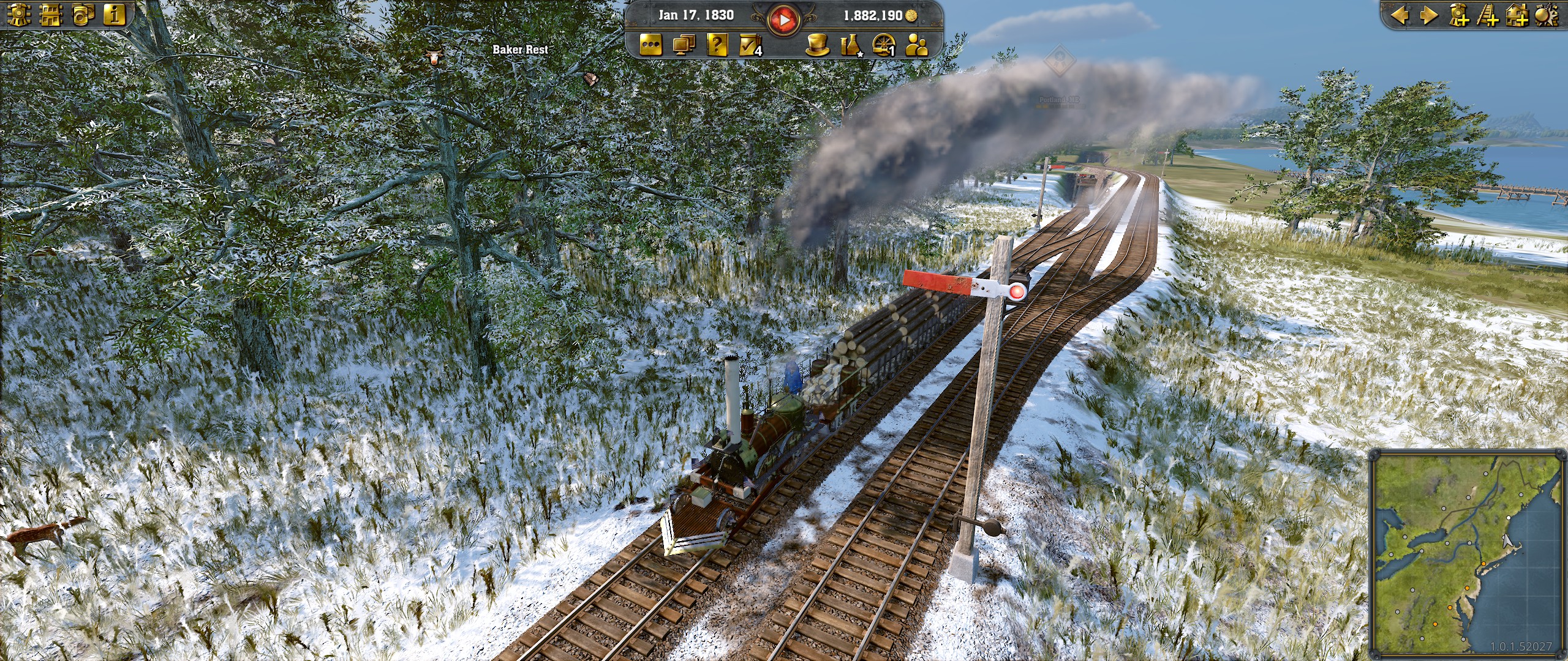 A screenshot of a train passing a semaphore signal in Railway Empire 2